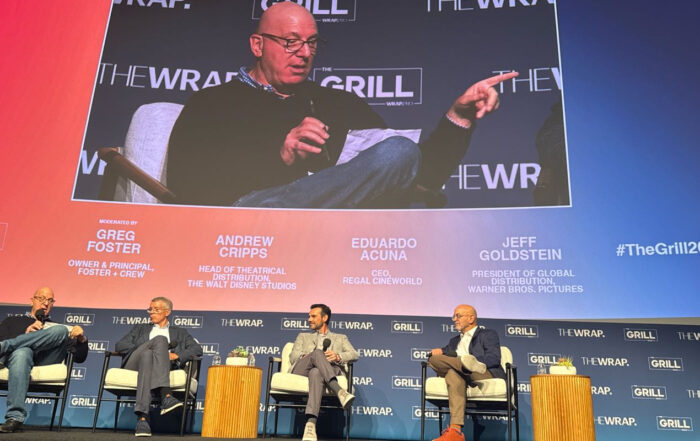 From left: Greg Foster (Owner & Principal, Foster + Crew), Andrew Cripps (Head of Theatrical Distribution, The Walt Disney Studios), Eduardo Acuna (CEO, Regal Cineworld), and Jeff Goldstein (President of Global Distribution, Warner Bros. Pictures) discuss the future of theatrical exhibition at The Grill 2025, The Wrap’s annual industry conference in Los Angeles.